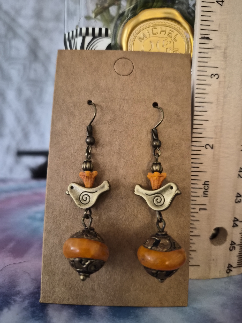 Boho Bird Drop Earrings in Amber and Antique Brass - Unbranded